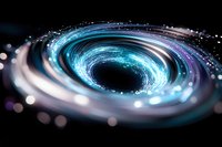 Luminous spiral of cosmic energy with glowing blue and purple light trails against dark background, creating mesmerizing galaxy-like formation with bokeh effects.