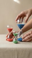 Hands arranging hourglasses with colored sand labeled work, personal life, and rest representing time management and work-life balance concept.