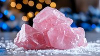 Pink rose quartz crystal clusters on sparkling surface against blurred bokeh lights background, showcasing natural mineral formation and healing stone properties.