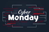 Modern cyber monday typography with geometric lines and glitch effect in red and white on dark background. Digital retail promotion design.