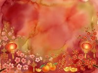 Warm watercolor gradient background with red, orange, and gold tones featuring decorative lanterns, coins, and floral elements. Suitable for festive designs, greeting cards, and seasonal marketing materials.