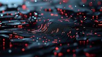 Abstract digital landscape with glowing red particles floating over dark wavy surface, futuristic technology visualization with bokeh light effects and depth of field.