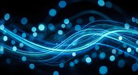Abstract blue flowing waves with glowing particles on dark background for technology, digital innovation, data visualization and futuristic design concepts.