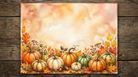 Autumn harvest pumpkins and gourds watercolor border frame on wooden background for seasonal greeting cards and fall decorations.