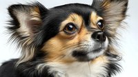 Adorable long-haired Chihuahua puppy with tricolor coat on white background, perfect for pet care designs and animal lover projects.