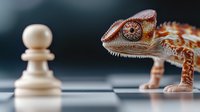 Curious chameleon facing white chess pawn on chessboard, macro shot showing detailed reptile scales and eye in strategic game concept composition.