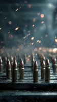 Ammunition bullets standing upright with sparks and bokeh lights in dark background, creating dramatic atmosphere for crime fiction cover art.