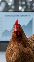 Brown hen with red comb facing camera against blurred agricultural growth chart background. Poultry farming, livestock management, agribusiness success concept.
