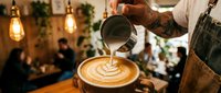 Tattooed barista pouring steamed milk into a latte art coffee cup in a cozy cafe with warm Edison bulb lighting.