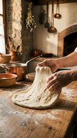 Baker hands kneading fresh dough on wooden board in rustic kitchen with copper pots and brick oven for homemade bread making and traditional cooking.
