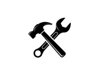 Crossed hammer and wrench tools icon isolated on white background for repair service, maintenance work, construction projects and handyman logos.