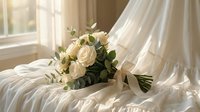 White rose bridal bouquet with eucalyptus on flowing wedding dress fabric near window with soft natural light for romantic ceremony celebration.
