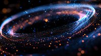 Magical spiral of glowing particles with blue and pink light trails against dark background creates cosmic atmosphere for space and fantasy designs.
