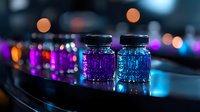 Glass bottles with vibrant purple and blue liquid on dark background with colorful bokeh lights creating magical laboratory atmosphere. Glowing mysterious potions.
