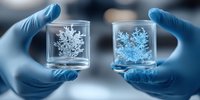 Scientist hands in blue gloves holding glass containers with crystalline snowflake structures for research and laboratory analysis.