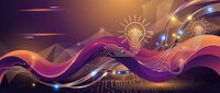 Abstract digital waves with glowing light bulbs representing innovation and creative ideas in purple and orange gradient colors for modern business concepts.