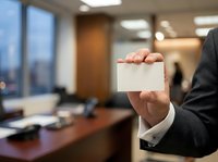Businessman in dark suit holding blank white business card in modern office environment with wooden desk and city skyline view, suitable for corporate branding and business communications.
