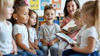 Diverse group of preschool children sitting in circle with teacher during story time, engaged in interactive learning activity in colorful classroom setting.