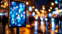 Digital tablet screen glowing with blue bokeh lights against urban night street background with blurred city lights and reflections on wet pavement.