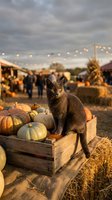 Gray cat sitting on a wooden crate full of pumpkins at an autumn harvest festival with string lights and hay bales.