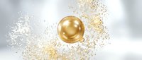 Golden sphere floating with sparkling particles and glitter effects on soft white background for luxury cosmetics and premium product design.