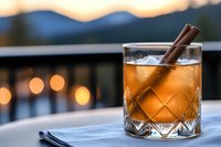 Craft cocktail in crystal glass with cinnamon stick garnish and ice cubes against blurred bokeh sunset background, served on outdoor patio bar setting.