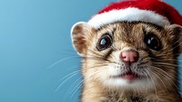 Adorable ferret wearing red Santa hat looking at camera with curious expression against blue background, close-up portrait of pet during Christmas season.