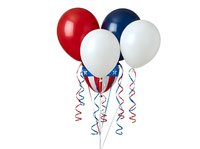 Patriotic balloons in red, white, and navy blue with curled ribbons isolated on white background, ready for celebration designs and party graphics.