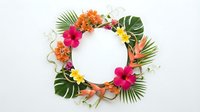 Tropical flower wreath with hibiscus, palm leaves and exotic blooms arranged in circle on white background for summer design projects and decorations.