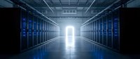 Modern data center server room with blue LED lights and bright white corridor leading to illuminated exit creating futuristic technology atmosphere.