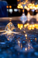 Crystal prism on reflective blue surface with golden bokeh lights creating magical atmosphere, sparkles and reflections for luxury and festive designs.