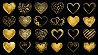 Gold heart shapes collection isolated on transparent background, featuring solid, patterned, and outlined designs. Ready for t-shirt designs, stickers, clipart, sublimation, print-on-demand products, and digital crafts.