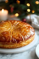 Traditional French Galette des Rois with golden flaky puff pastry on marble plate, festive bokeh lights and Christmas decorations in background.