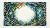 Watercolor enchanted forest frame with glowing trees, mushrooms, and a castle, forming a circular border for text or design use.
