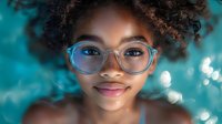 Young African American woman with natural curly hair and blue glasses smiling warmly against turquoise bokeh background, radiating joy and confidence in close-up portrait.