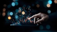 Hand touching digital screen with glowing financial chart and sparkles emerging against dark background with bokeh lights, representing digital transformation.