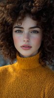 Young woman with natural freckles, striking blue eyes and curly dark hair wearing yellow turtleneck sweater in soft natural lighting, perfect for beauty and fashion advertising.
