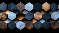 Geometric hexagonal pattern with metallic copper, navy blue and silver tiles creating modern abstract background with dramatic lighting and shadows.