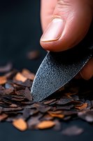 Sharp knife blade cutting dark chocolate flakes on black background, extreme macro close-up showing texture and detail for culinary and food photography.