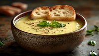 Creamy yellow soup with fresh herbs in rustic ceramic bowl served with crusty bread slices for comfort food dining and restaurant menu photography.