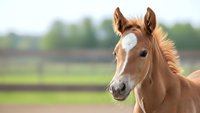 Adorable chestnut foal with white blaze standing in pasture, young horse colt with alert expression and soft mane against blurred green countryside background.