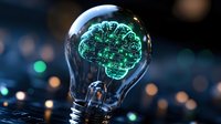 Glowing green brain inside light bulb on dark background with bokeh lights represents artificial intelligence, innovation and creative thinking.