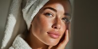 Young woman with freckles wearing white towel on head touching face in natural sunlight after skincare routine or shower for beauty and wellness.