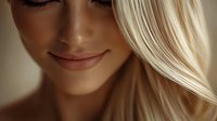 Young blonde woman with closed eyes and gentle smile in soft natural lighting for beauty and wellness concepts.