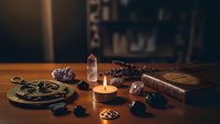 Mystical altar setup with crystals, candle, tarot cards and gemstones on wooden table creating spiritual atmosphere for meditation and divination practices.