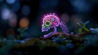Glowing neon skull with mechanical elements and floral designs rests on mossy ground against dark bokeh background, combining gothic and cyberpunk aesthetics.