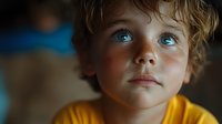 Young child with striking blue eyes and curly hair wearing yellow shirt gazes upward with wonder and curiosity in dramatic lighting creating emotional portrait.