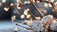 Delicate spotted bird eggs nestled among spring branches with soft bokeh lights, creating dreamy natural composition in muted blue and brown tones. Suitable for Easter designs.