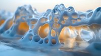 Ethereal ice formation with natural holes and patterns backlit by golden sunset creates dramatic winter landscape on frozen lake surface.