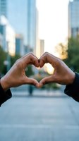 Hands forming heart shape against blurred city skyline at sunset, symbolizing love, connection and urban romance for relationship concepts.